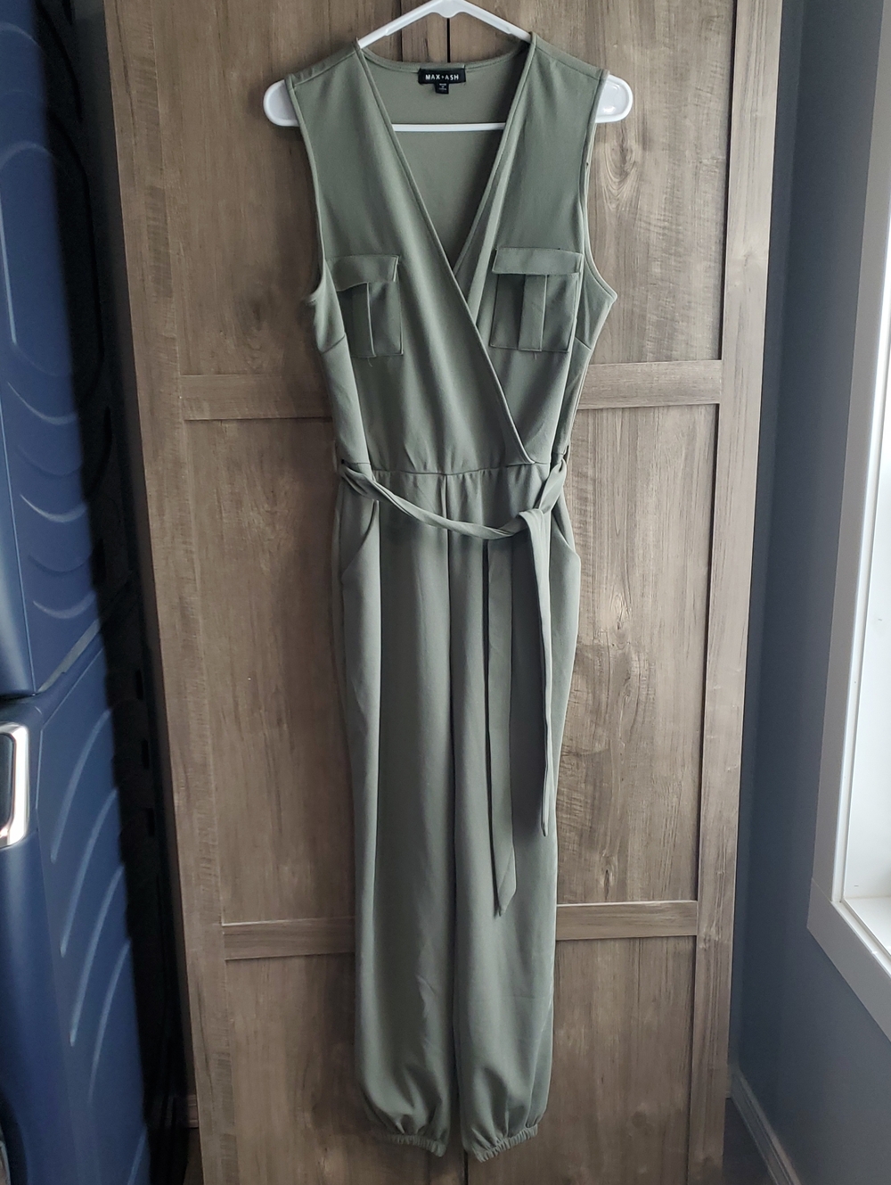 Max + Ash Olive Wrap Jumpsuit with Self-Tie Waist